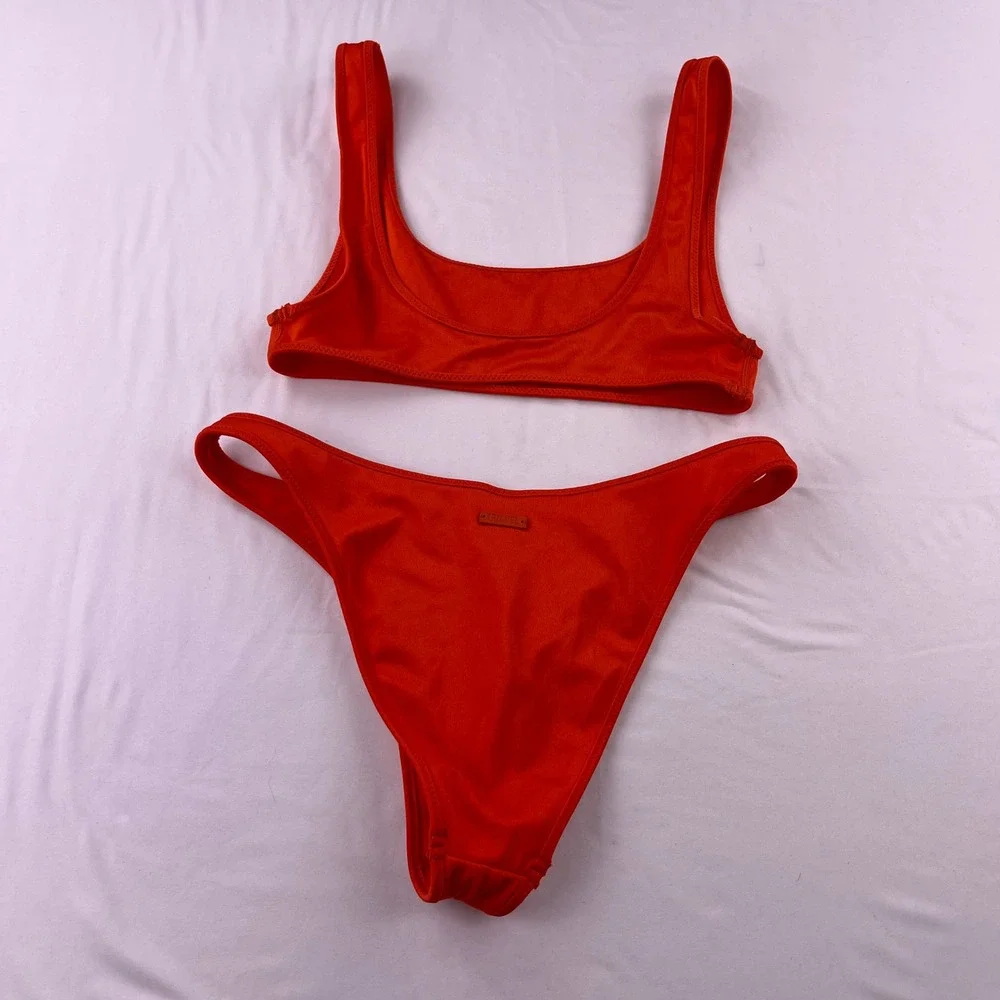 Triangl Orange Scoop Neck Bikini Set Medium Top Large Bottom High Cut Swimsuit